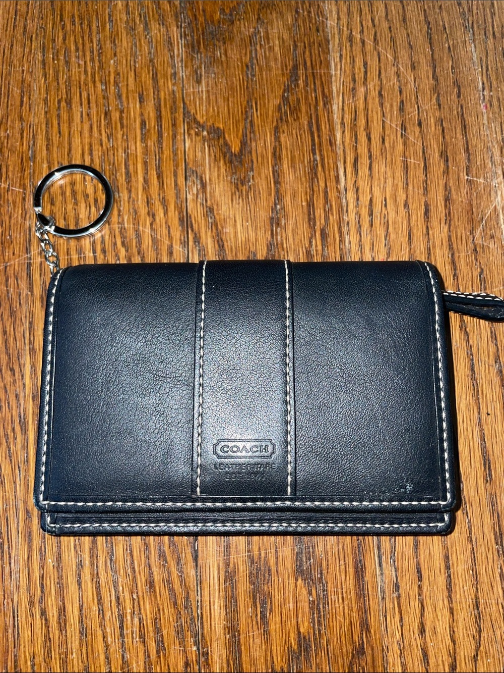 Coach Black Leather Compact Card Wallet with Keyring